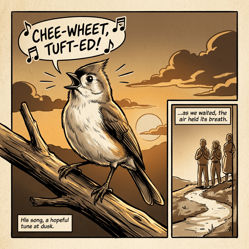 Tufted titmouse singing at sunset, waiting figures sepia