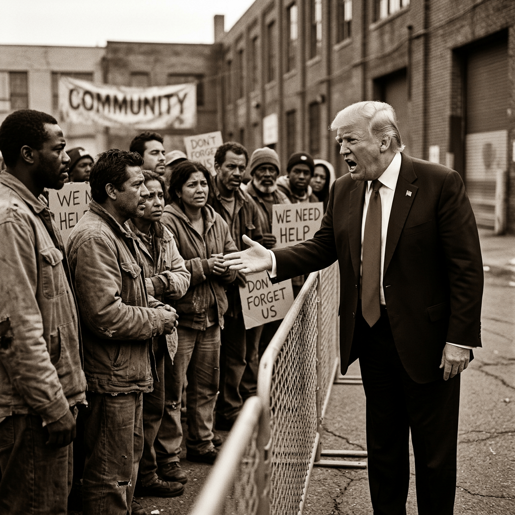 Man in suit speaking intensely to a line of people holding 'We Need Help' signs