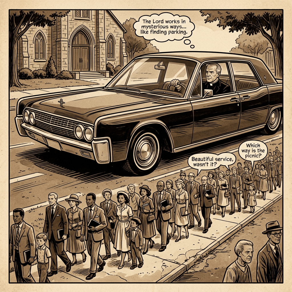 Pastor driving Lincoln Continental, congregation walking, sepia