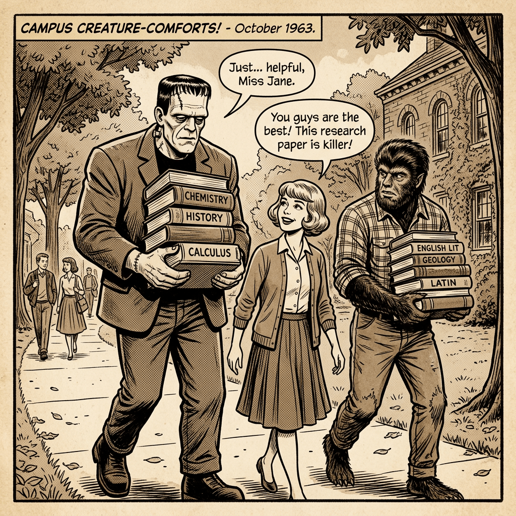 Frankenstein and a werewolf carry textbooks while a woman talks to them on a college campus.