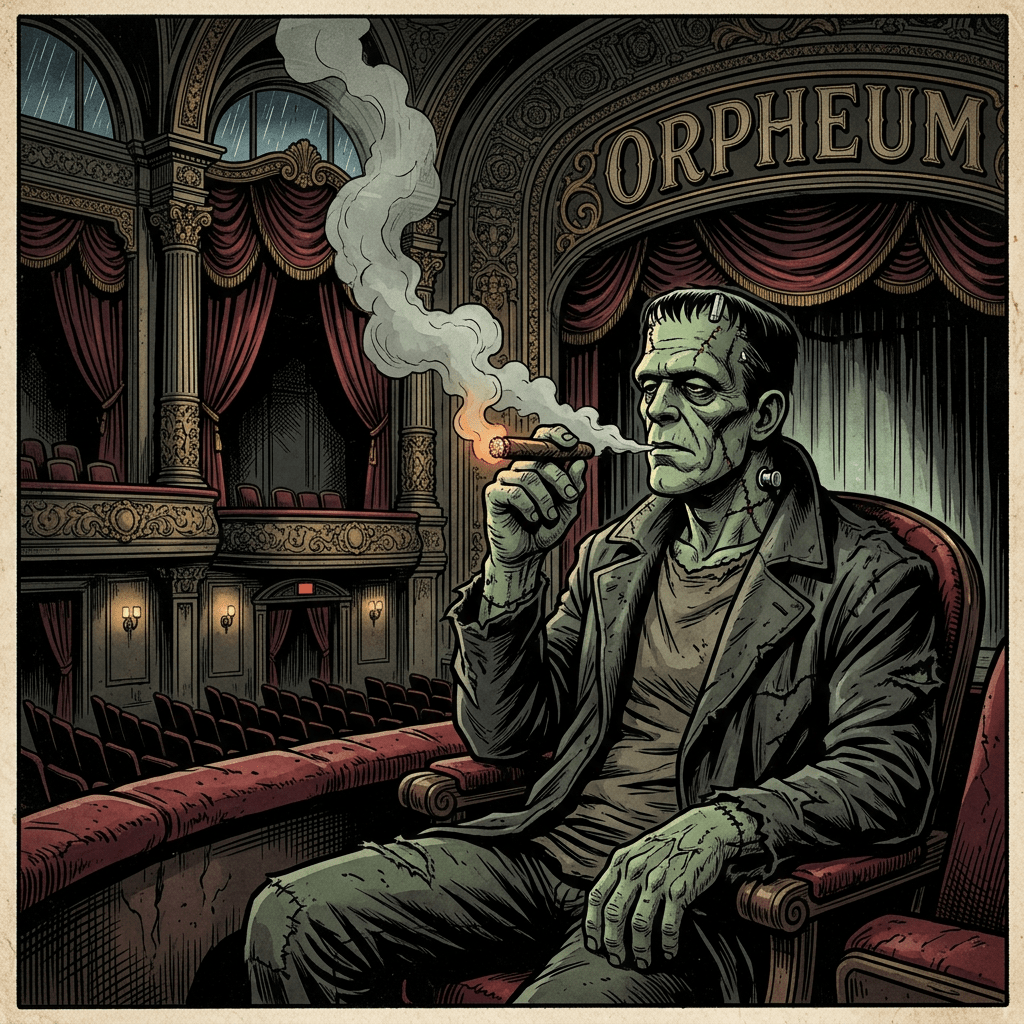 Frankenstein smoking cigar in dark Orpheum Theatre