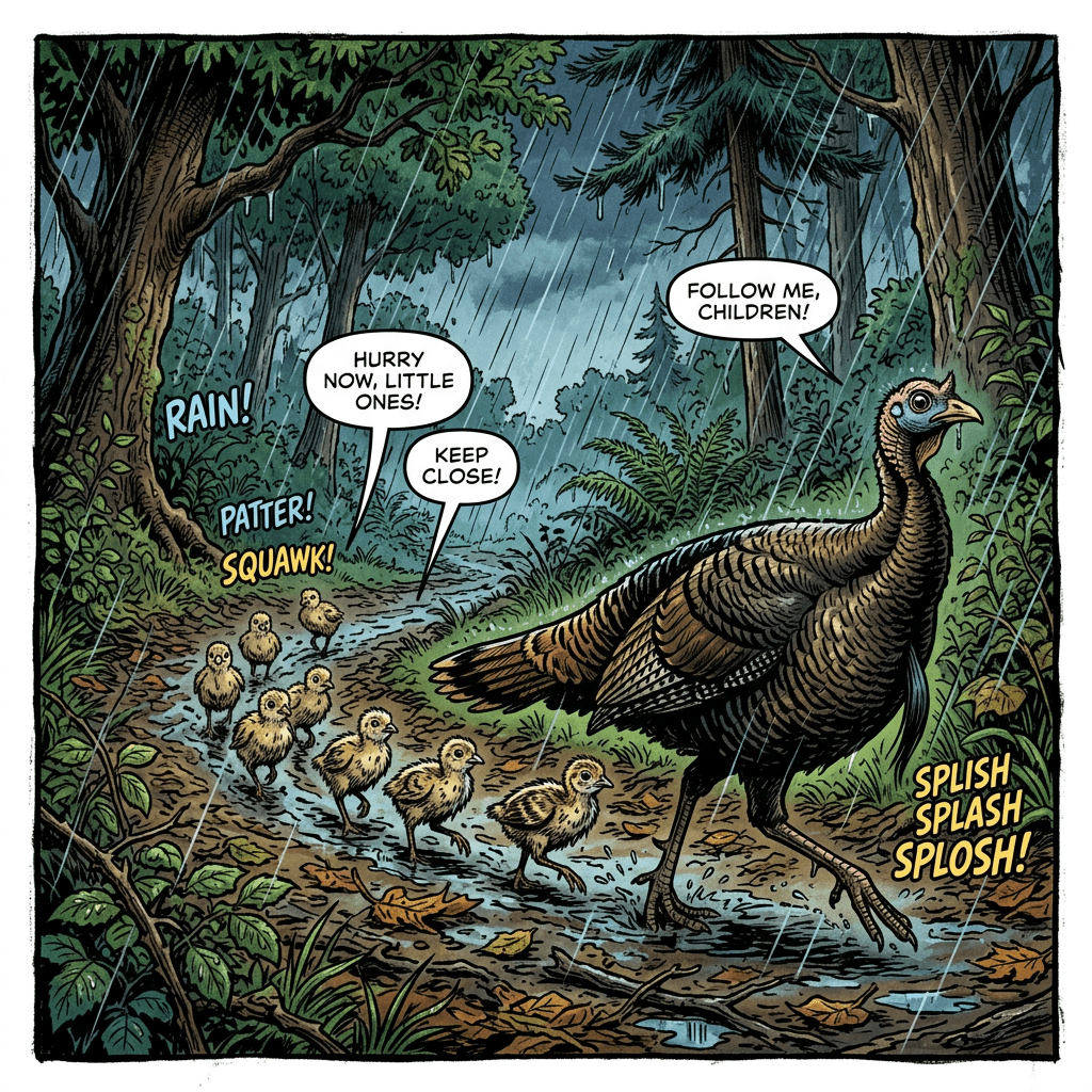 Mother turkey walking in rain leading her chicks through forest trail