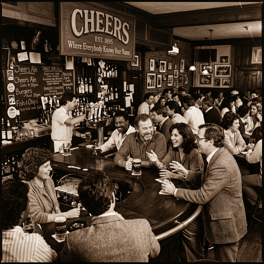 People at Cheers bar in sepia tone