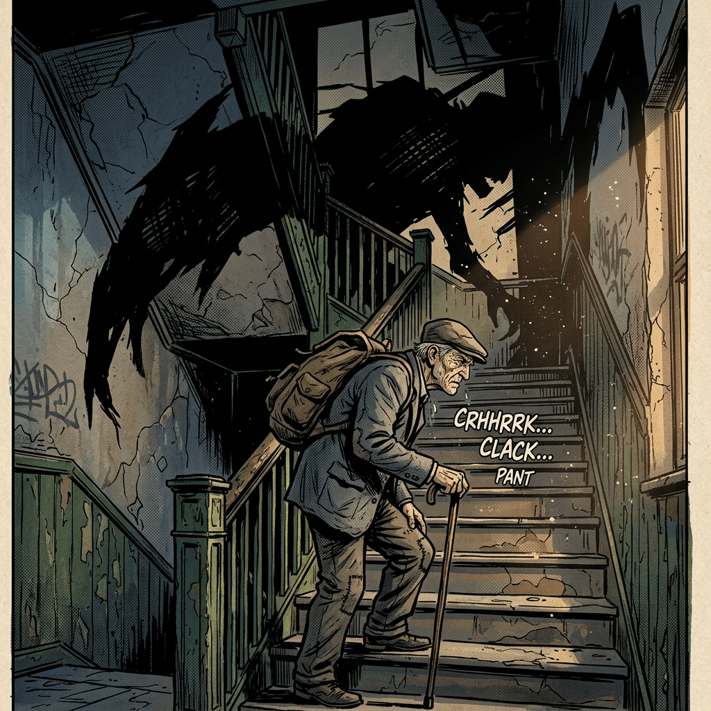 Elderly man with cane climbing cracked stairs with large black shadow behind