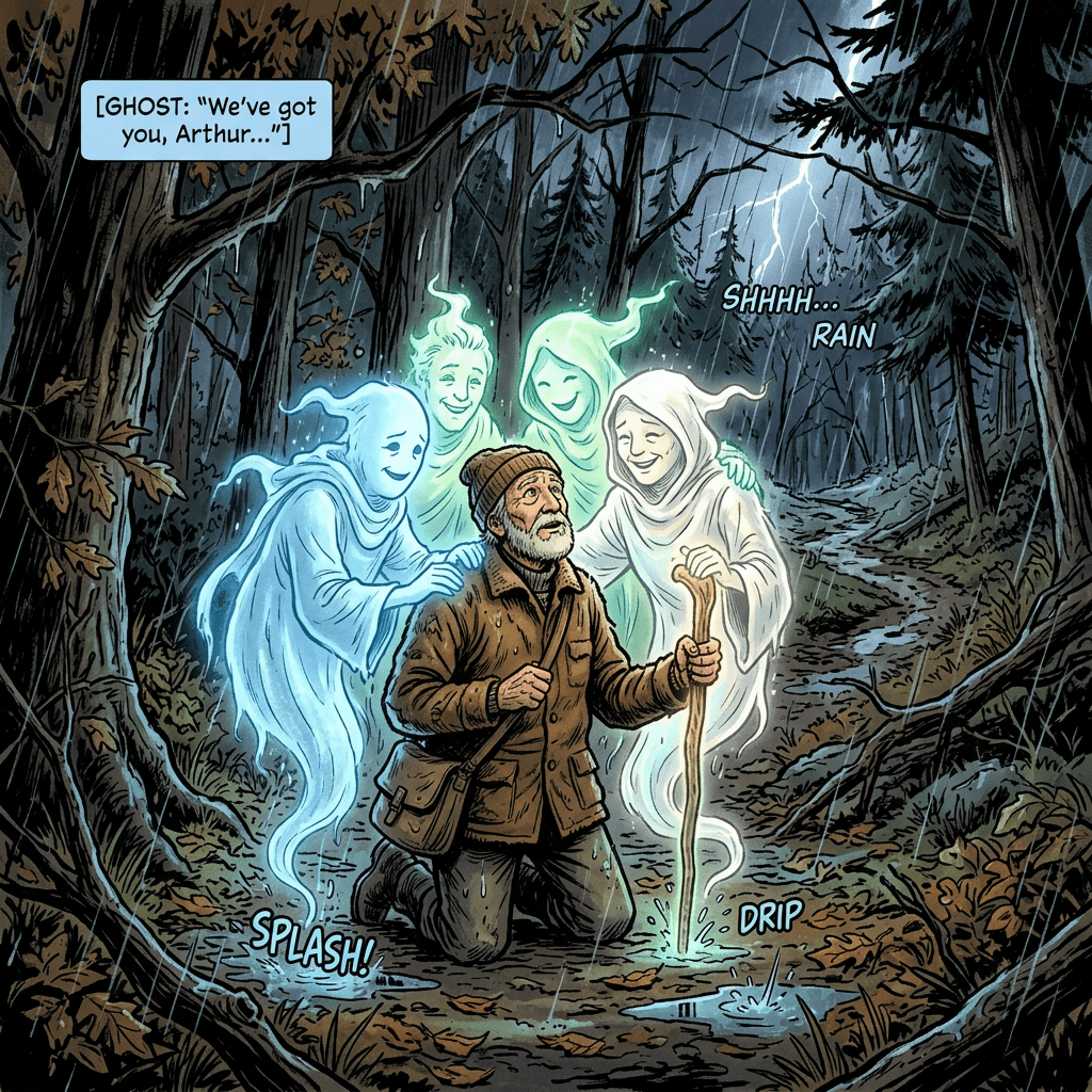 Man on knees in rain with three friendly ghosts touching his shoulders in a dark forest