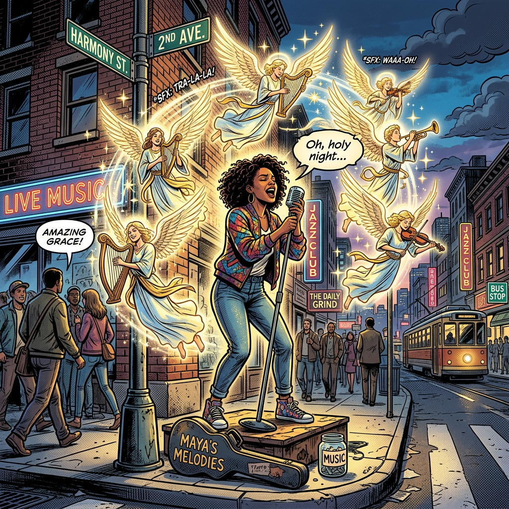 Woman singing on corner with angels