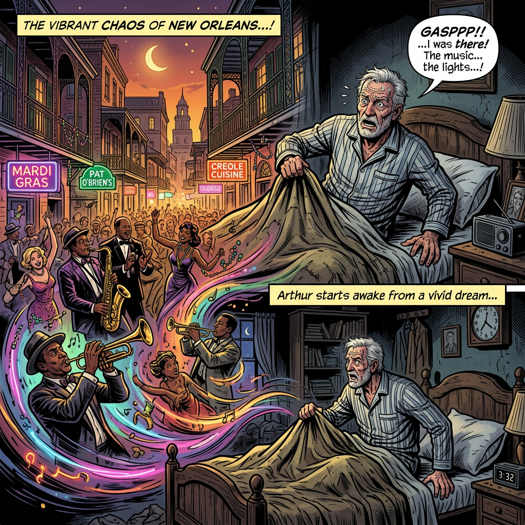 Old man awakening from vivid French Quarter dream