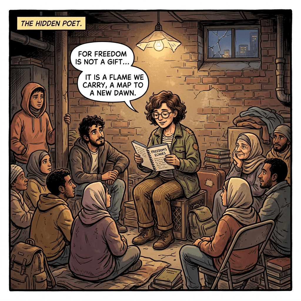Person reading poetry aloud to a seated audience in a basement