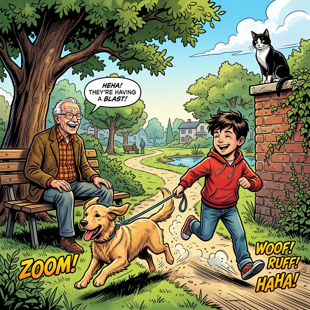 Boy runs with dog, cat watches, old man laughs
