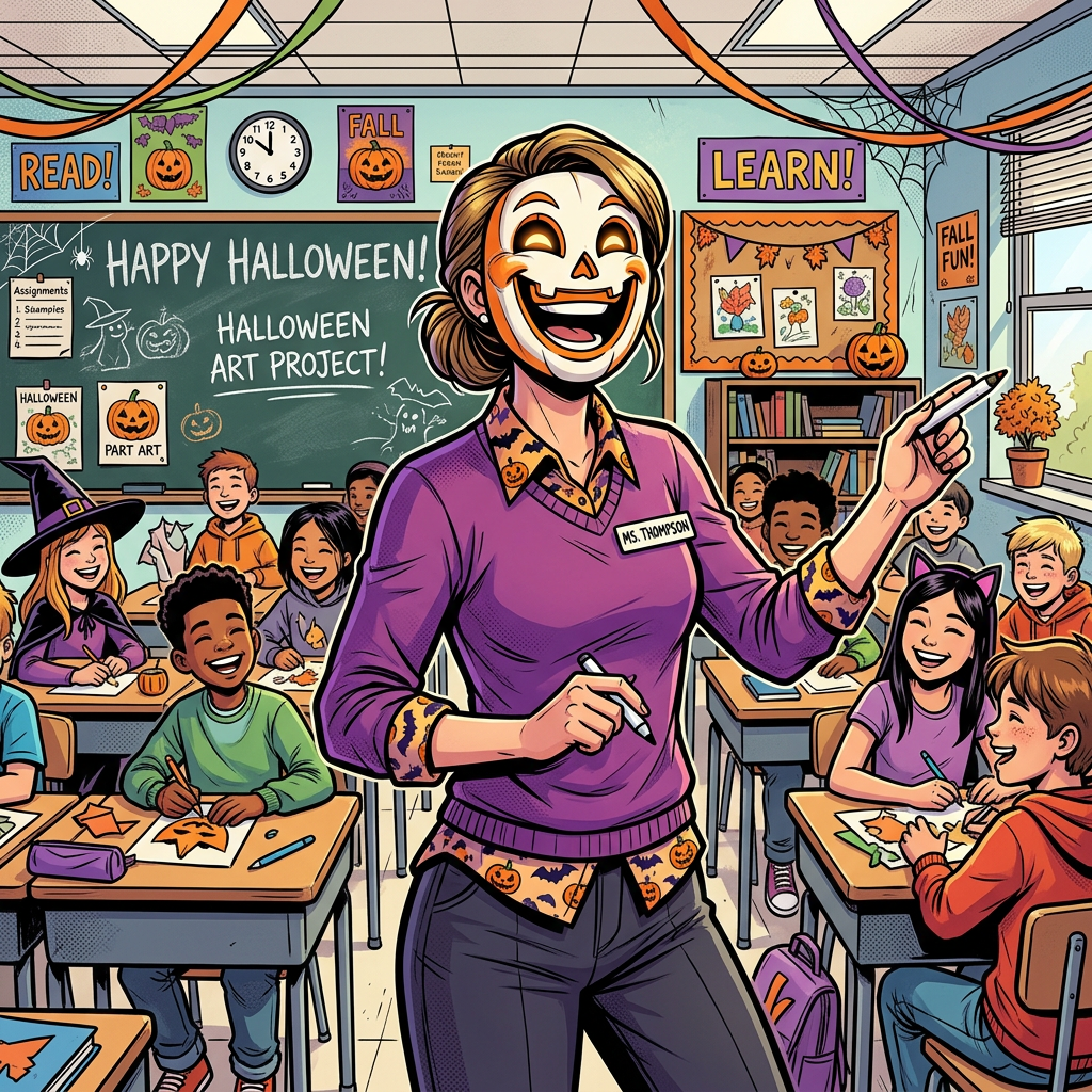 Teacher wearing a Halloween mask leading an art project with smiling students in decorated classroom
