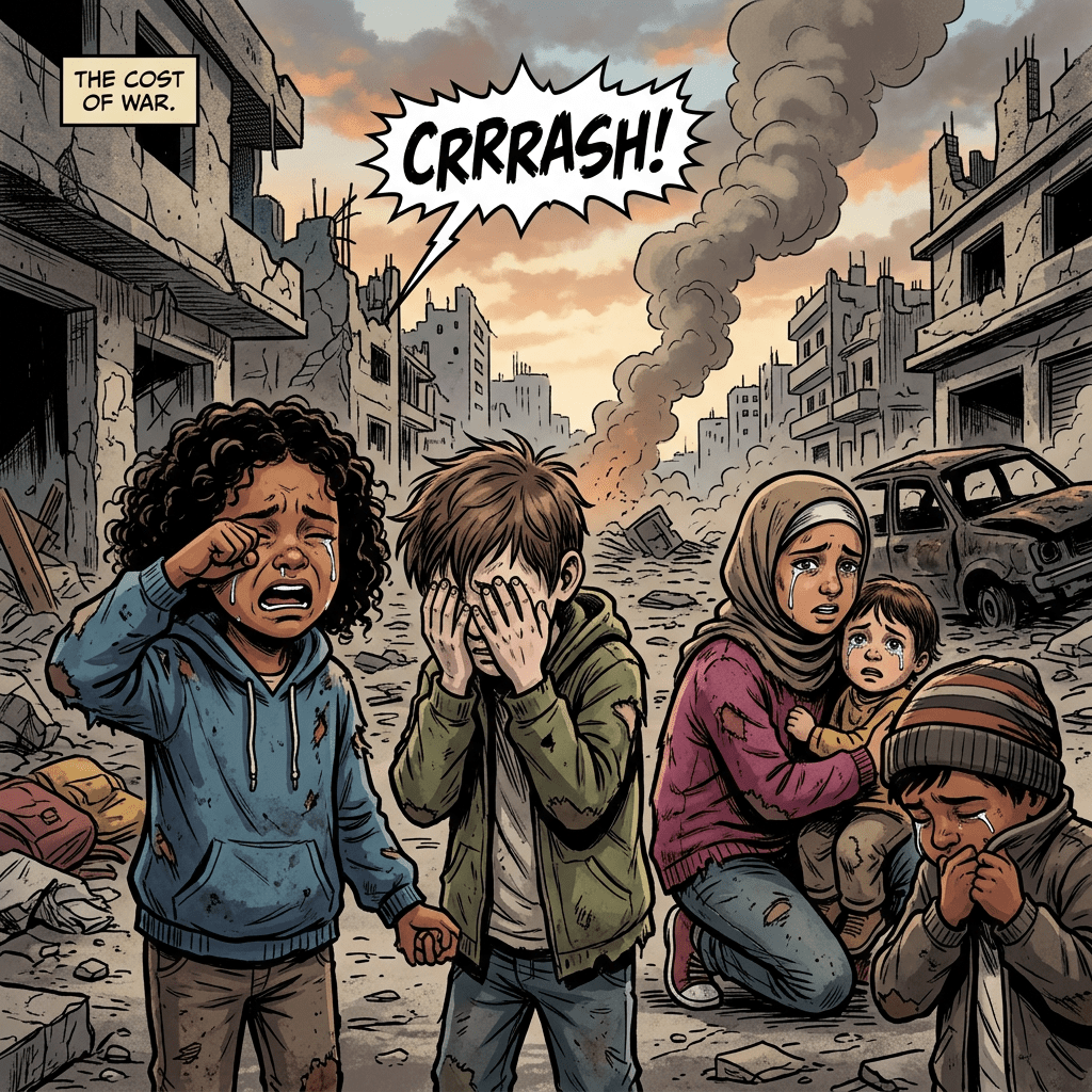 Four crying children in torn clothing surrounded by destroyed buildings and smoke rising in a war zone