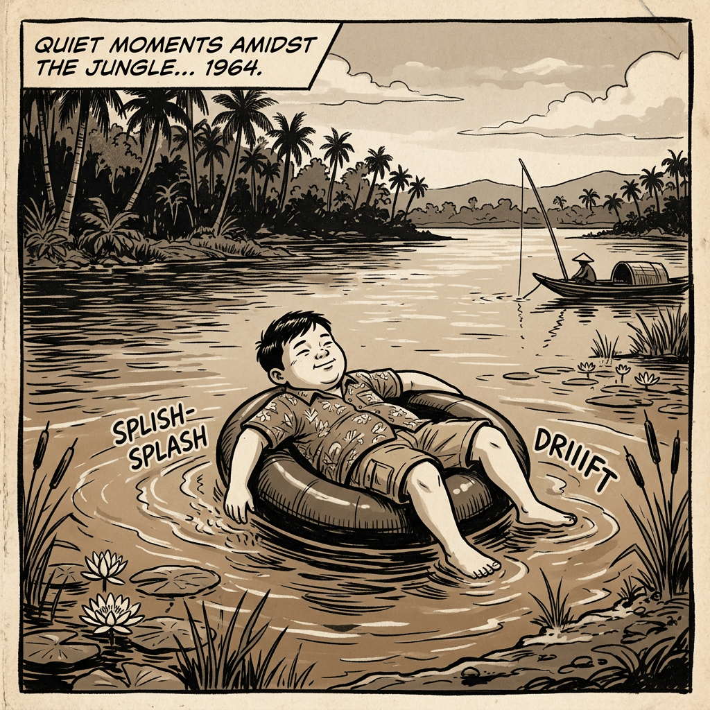 Boy relaxing on inner tube floating on jungle river with fisherman boat in background