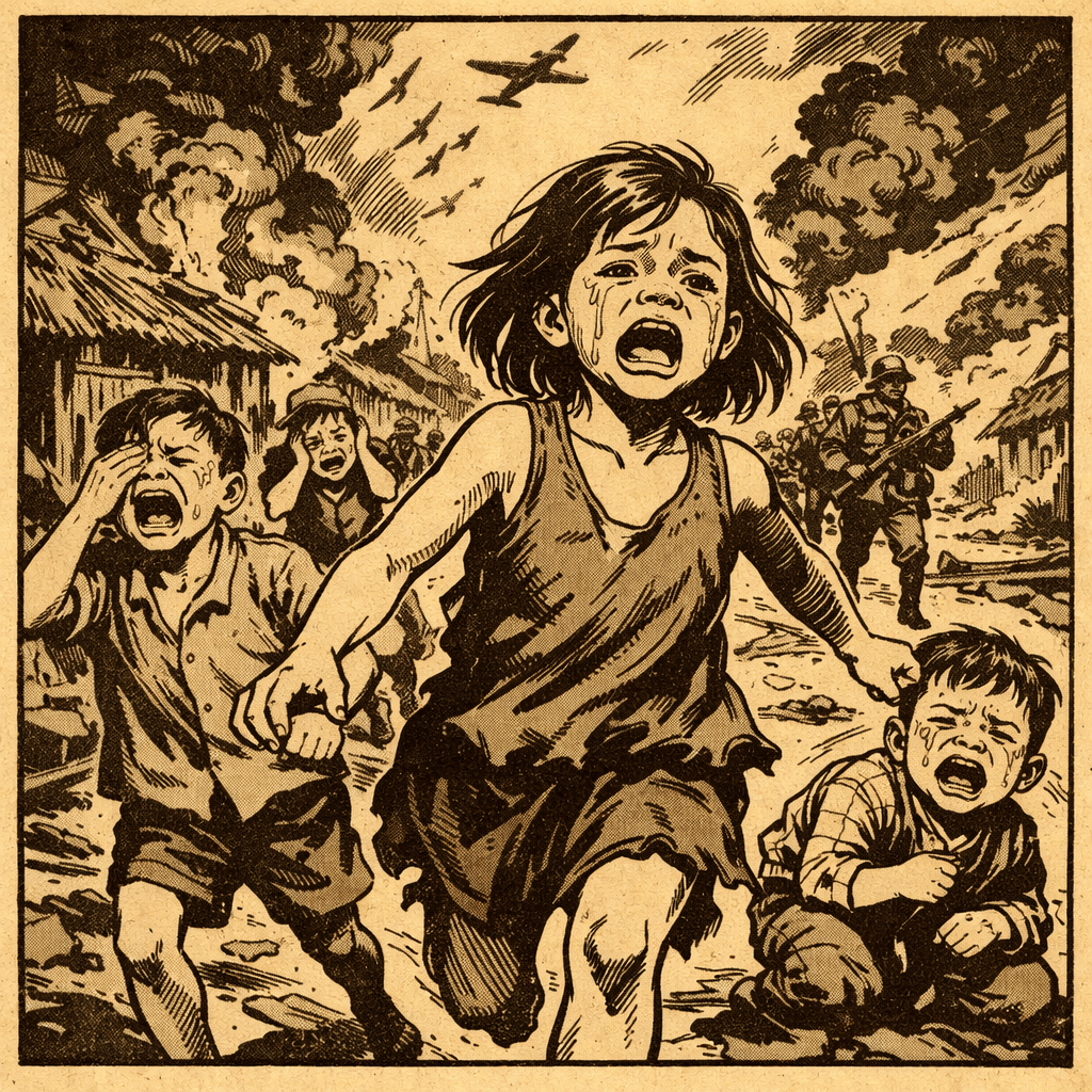 Vietnamese children crying in war, 1964 sepia