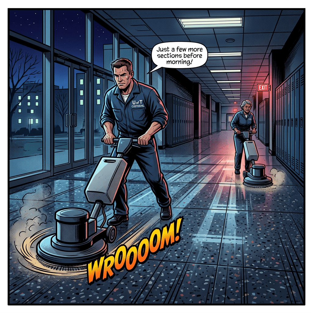 Two custodians operating floor polishing machines in a nighttime hallway