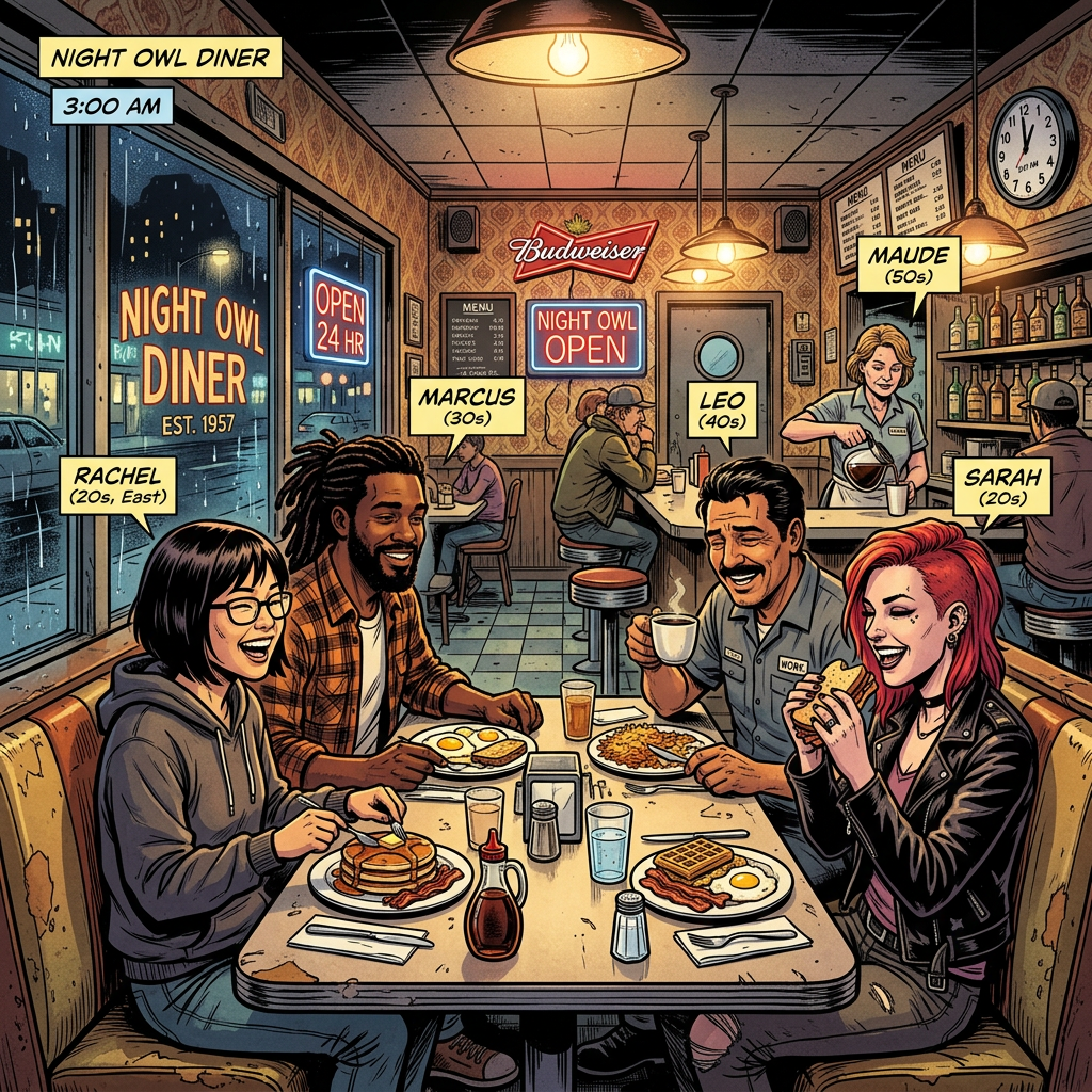 Four people sitting at a diner booth eating breakfast and chatting warmly
