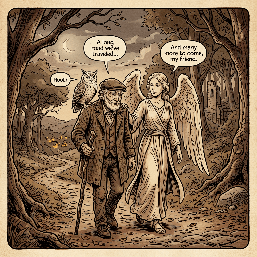 An elderly man with a walking stick accompanied by a winged angel and an owl on a forest path at night