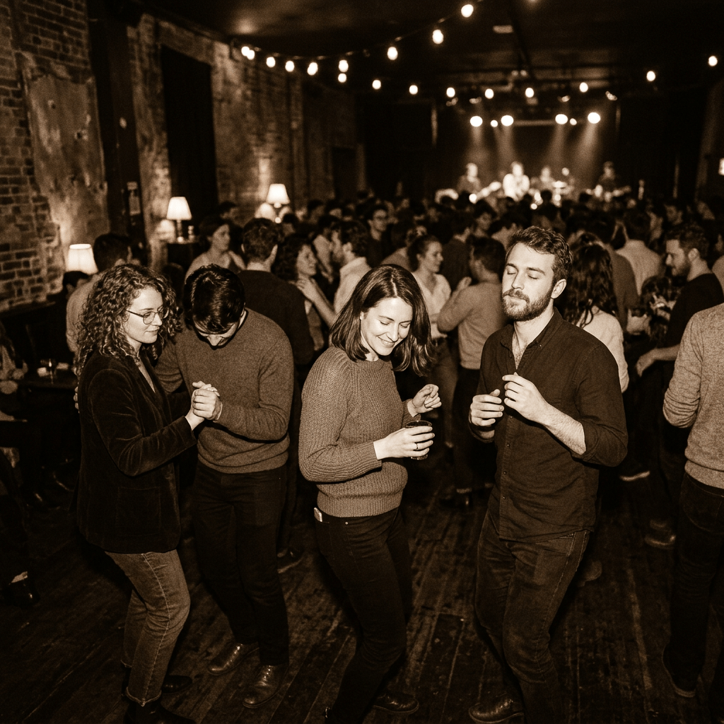A group of people dancing and socializing in a dimly lit concert hall with a live band on stage