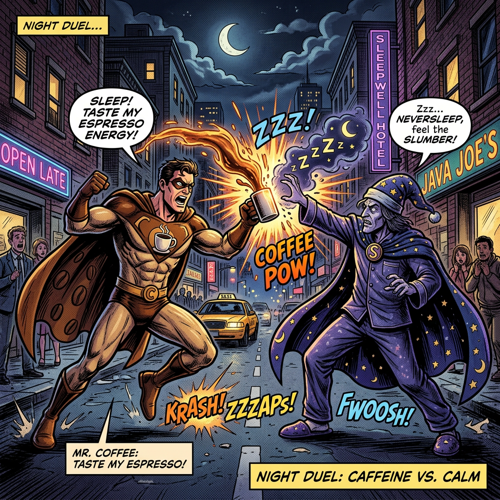 Superhero Mr. Coffee battles wizard Neversleep with espresso energy and slumber magic on a city street at night
