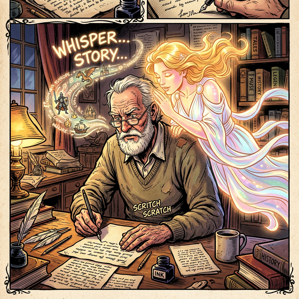 An elderly man writing at a desk with a glowing, ethereal woman whispering ideas