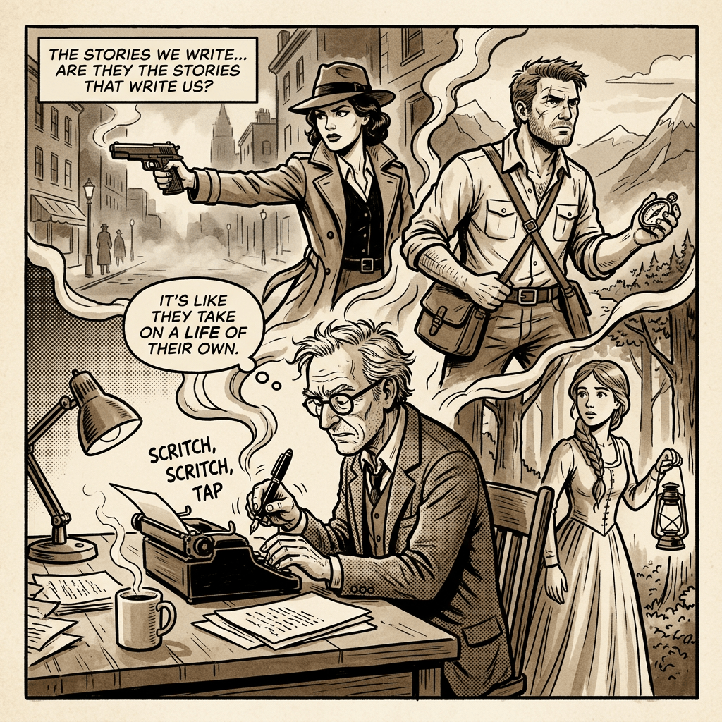 An older man writing at a desk imagines characters including a woman with a gun, a man with a compass, and a woman with a lantern.