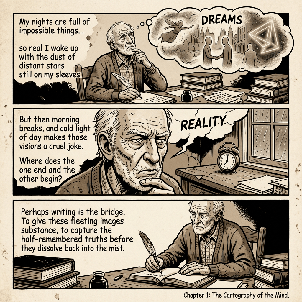 Old man writing, pondering dreams and reality, sepia