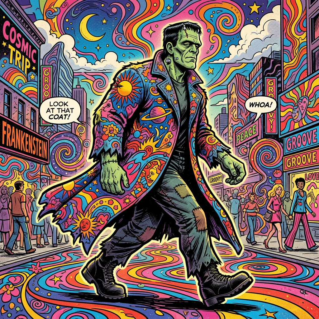 Frankenstein monster wearing a vibrant, psychedelic coat walking through a colorful city street with swirling patterns and neon signs