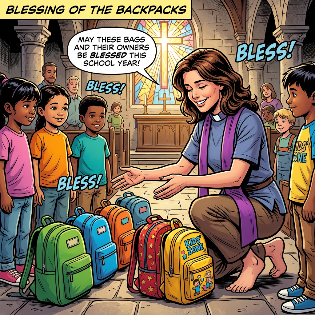 Brunette barefoot pastor blessing kids backpacks