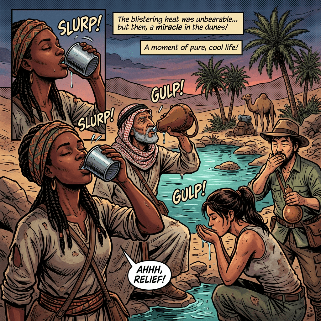 Diverse thirsty people at desert oasis drinking
