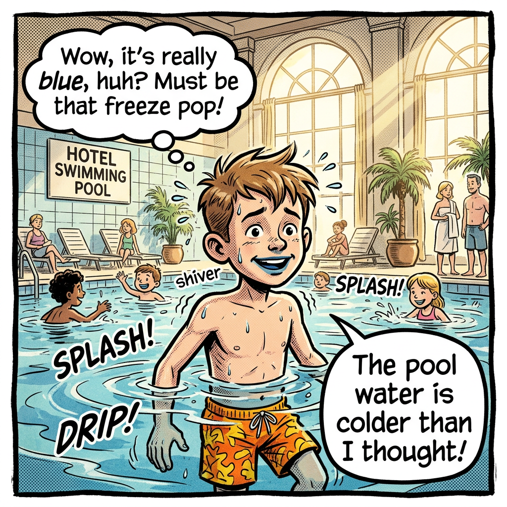 Boy in orange swim trunks shivering in cold hotel swimming pool with blue lips