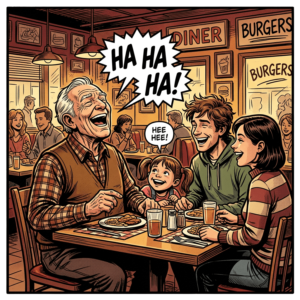 Young family at restaurant, old man laughing