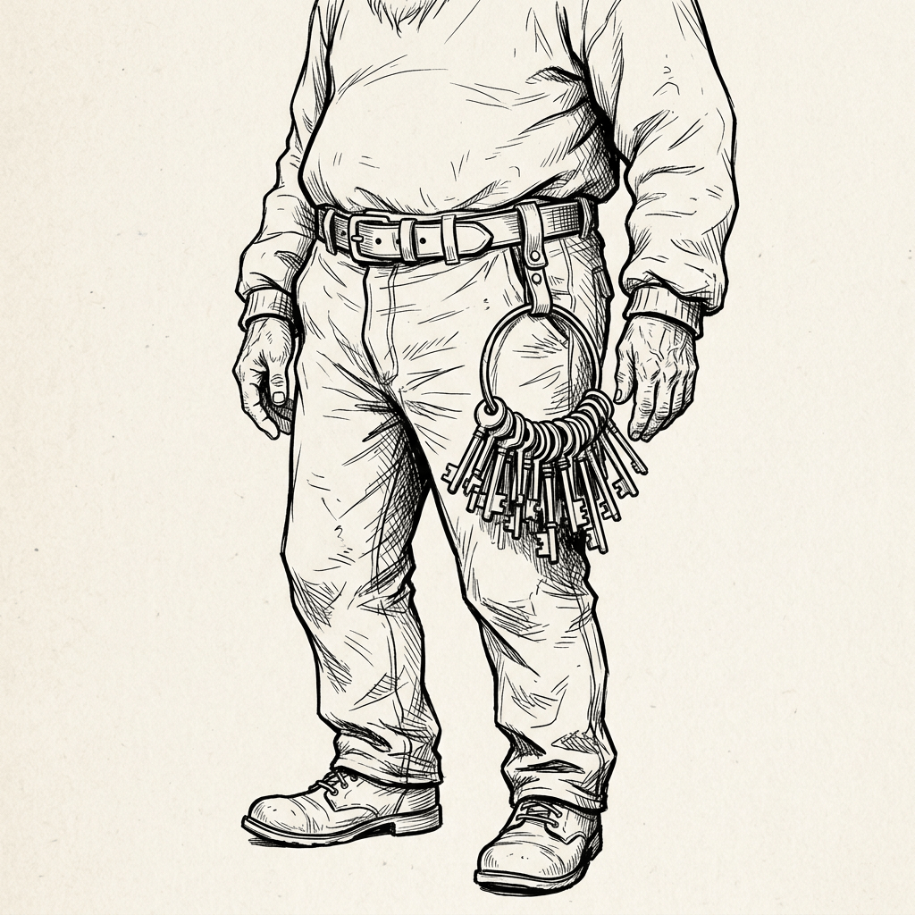 Custodian with large ring of old-fashioned keys hanging from belt