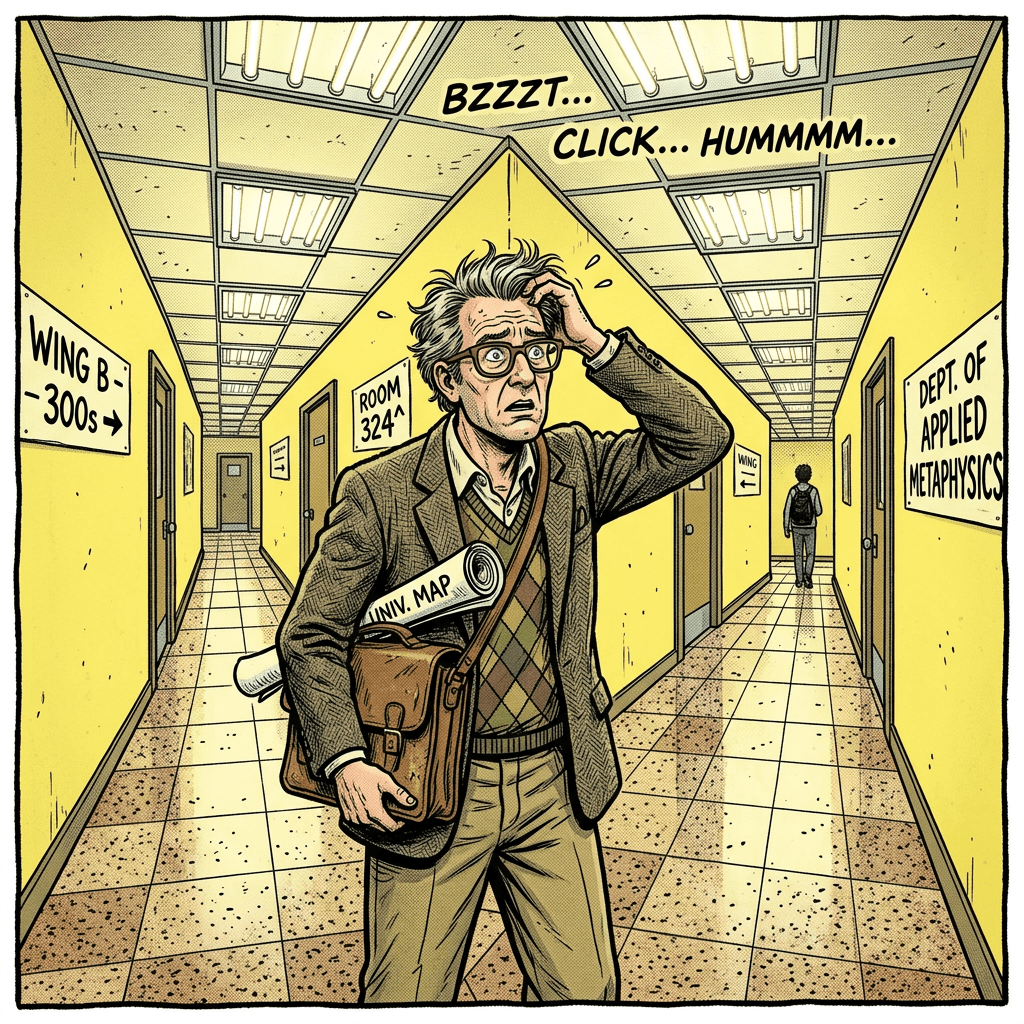 Confused professor holding rolled-up university map standing in a corridor with academic department signs