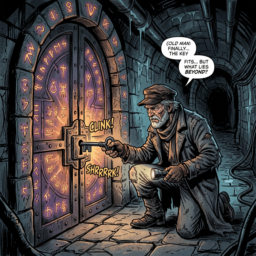 Old man kneeling in a dark stone corridor unlocking a door with glowing runes
