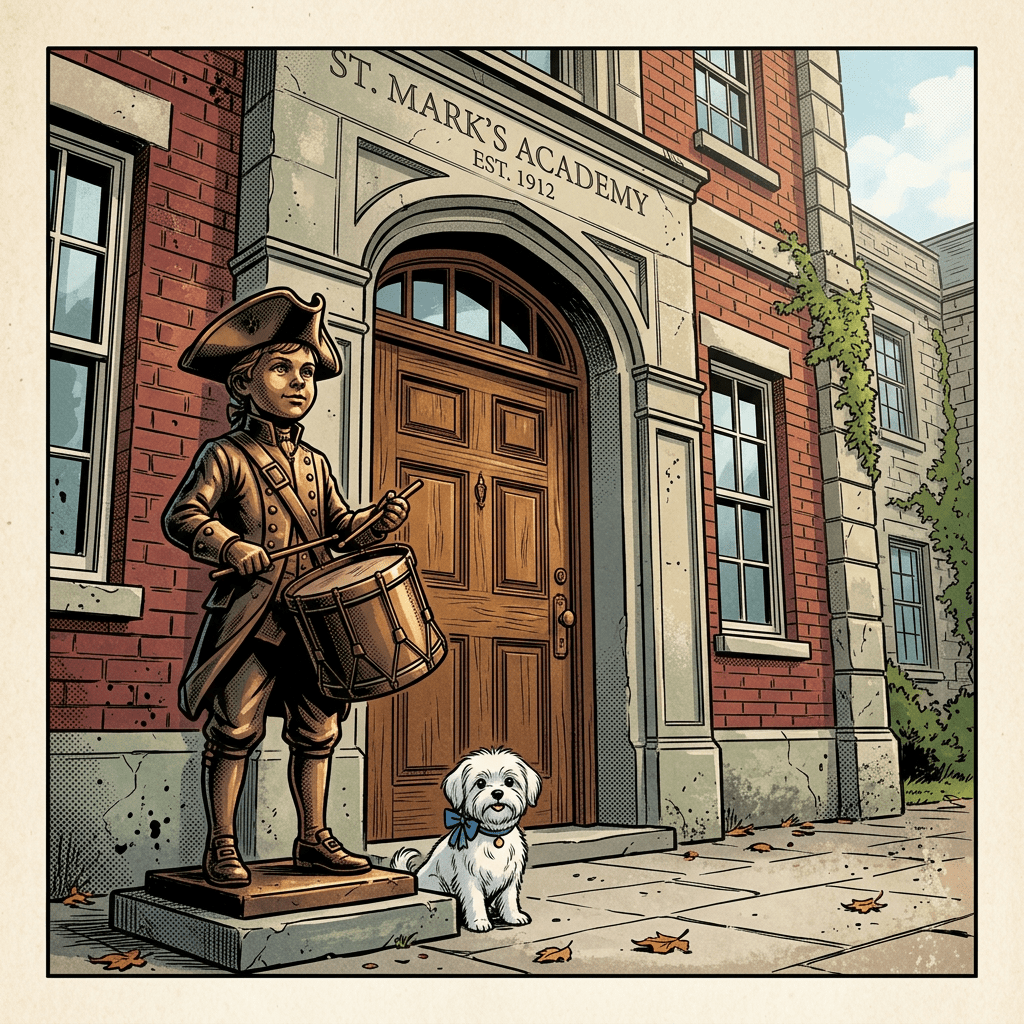 Statue of a young drummer boy and a small white dog sitting outside St. Mark's Academy entrance