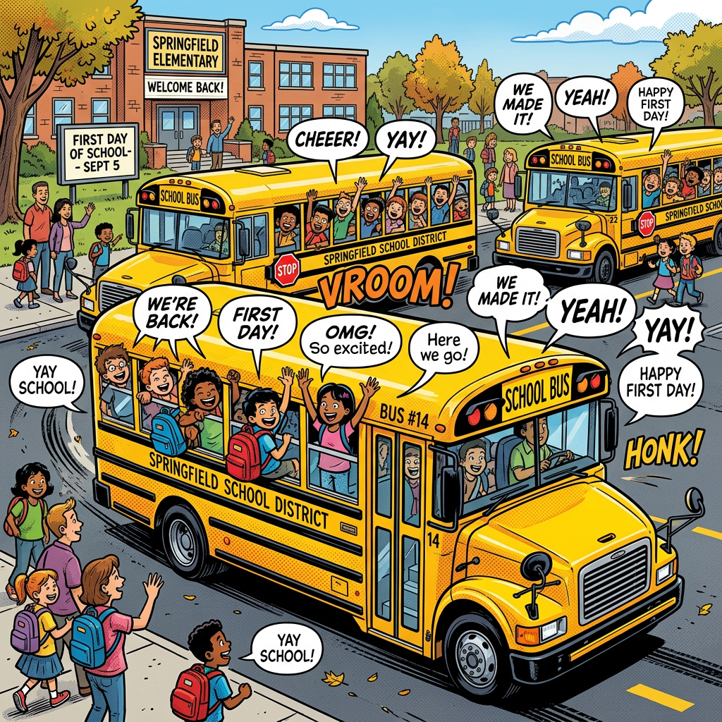 Children excitedly celebrating the first day of school on yellow school buses and at the school entrance