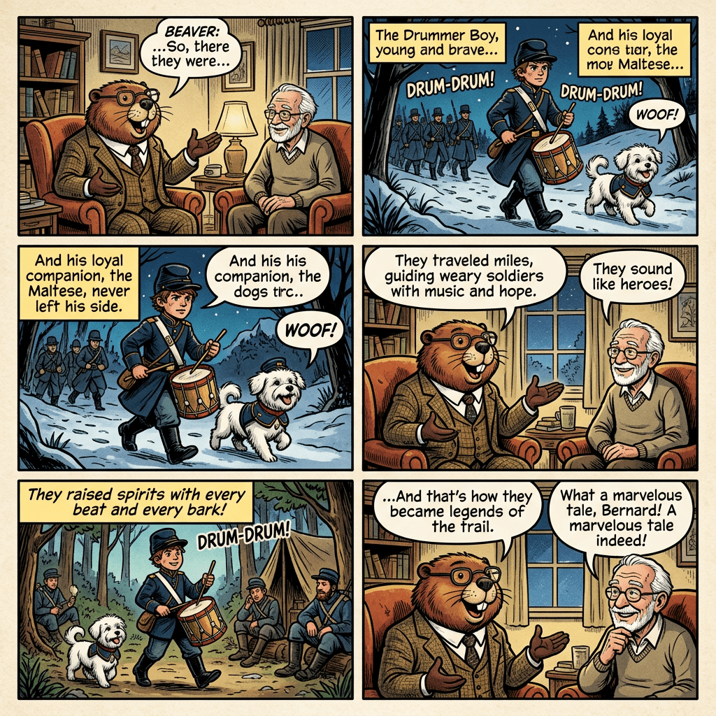 Beaver storyteller recounting a tale of a young drummer boy and his dog to an older man in a cozy room