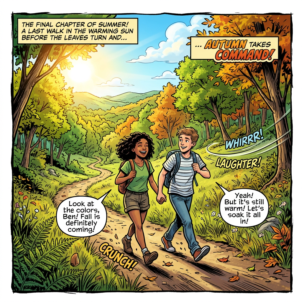 Comic panel text: “The final chapter of summer! A last walk in the warming sun before the leaves turn and… Autumn takes command!” Two friends hike, saying “Look at the colors, Ben! Fall is definitely coming!” and “Yeah! But it’s still warm! Let’s soak it all in!” with sounds “Whirrrp!”, “Laughter?”, and “Crunchy.”