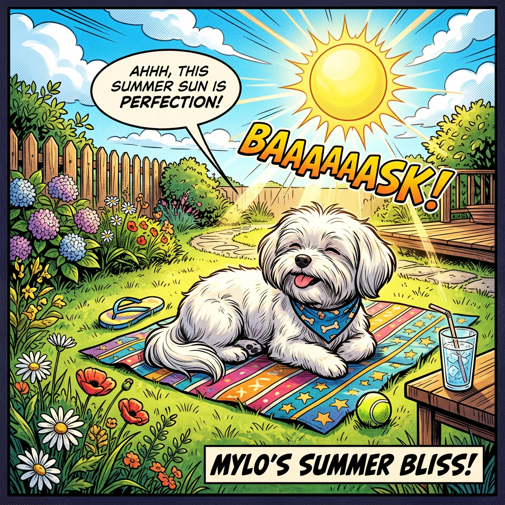 Comic-style backyard scene with dog and text: “AHHH, THIS SUMMER SUN IS PERFECTION!”, “BAAAAASK!”, and “MYLO’S SUMMER BLISS!”