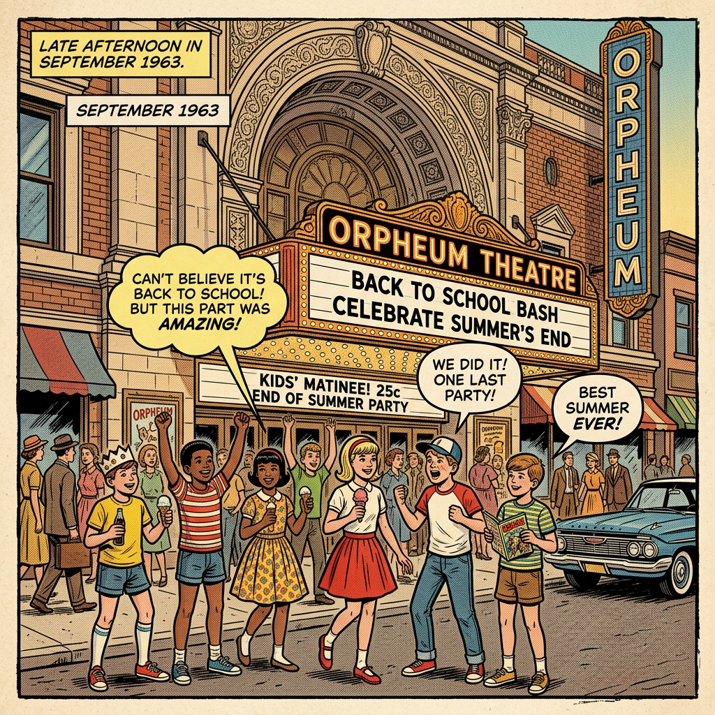 Comic-style Orpheum Theatre scene with text: “LATE AFTERNOON IN SEPTEMBER 1963,” “SEPTEMBER 1963,” “BACK TO SCHOOL BASH CELEBRATE SUMMER’S END,” “KIDS’ MATINEE! 25c END OF SUMMER PARTY,” and speech bubbles saying “CAN’T BELIEVE IT’S BACK TO SCHOOL! BUT THIS PART WAS AMAZING!”, “WE DID IT! ONE LAST PARTY!”, and “BEST SUMMER EVER!”