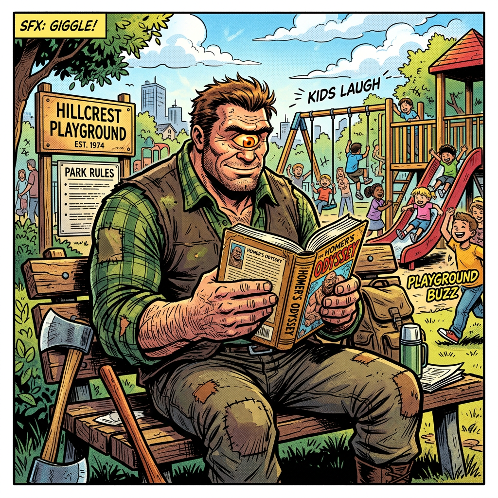 Comic scene of a man reading Homer’s Odyssey at Hillcrest Playground