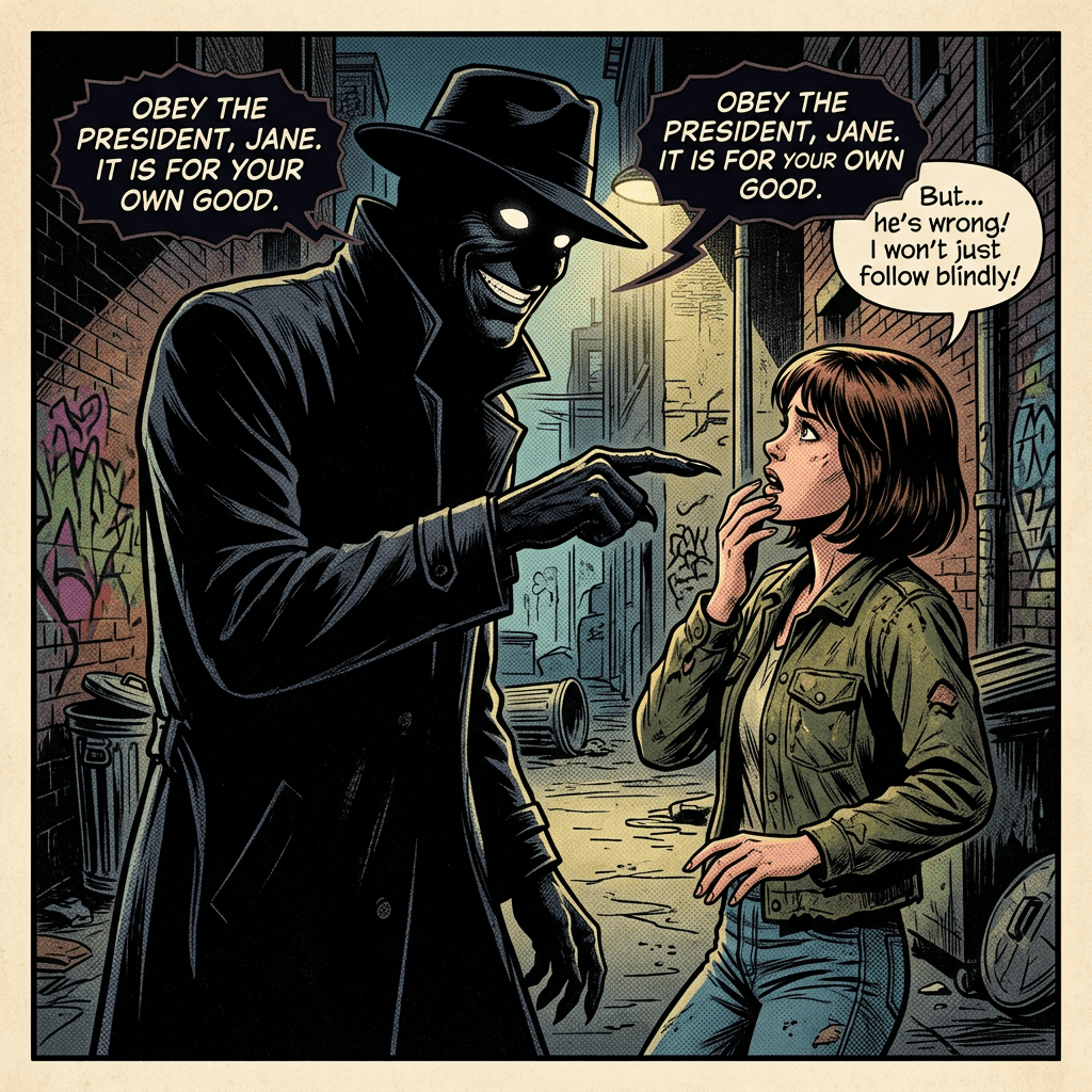 Comic panel where a shadowy figure urges Jane to obey the president, but she resists
