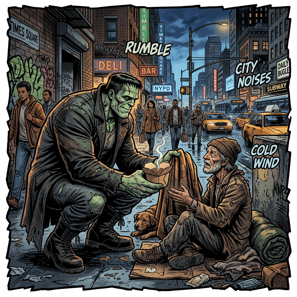 Green giant offers food to homeless man amid Times Square streets; text reads RUMBLE, CITY NOISES, COLD WIND.