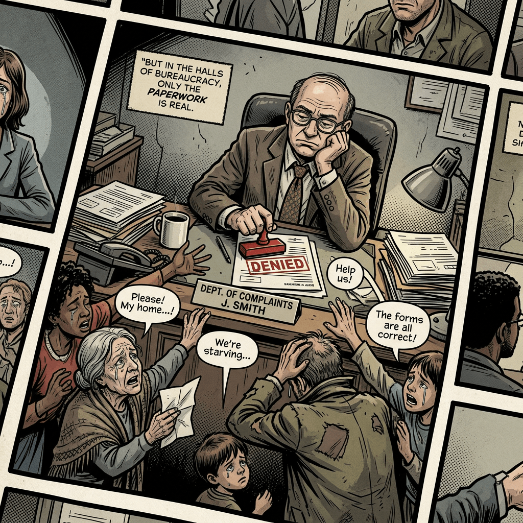 Comic panel: official stamps “DENIED” while citizens plead, “Please! My home!”, “Help us!”, “The forms are all correct!”, and “We’re starving.” Text reads, “But in the halls of bureaucracy, only the paperwork is real.”