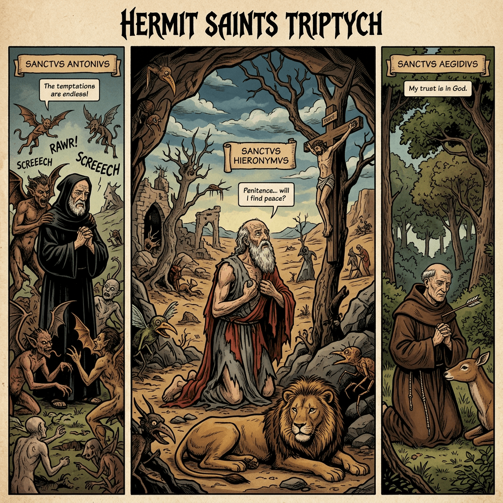 Hermit Saints Triptych; Sanctvs Antonius: The temptations are endless! RARWK! SCREEECH SCREEECH; Sanctvs Hieronymvs: Penitence... will I find peace? PEACE; Sanctvs Aegidius: My trust is in God.