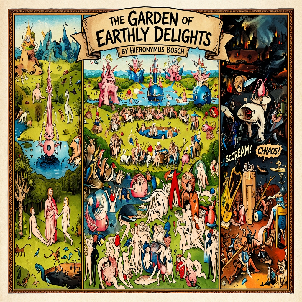 Triptych titled “The Garden of Earthly Delights” by Hieronymus Bosch