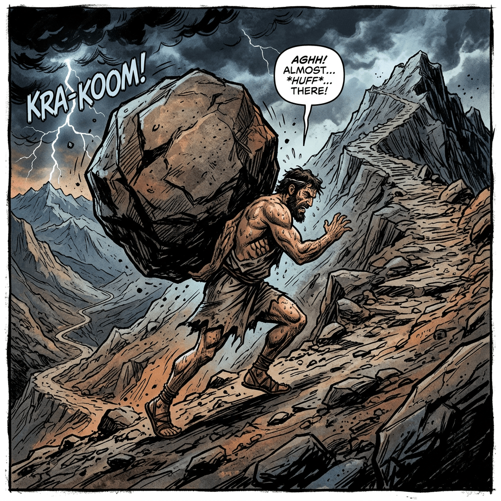 KRAKOOM!; man carrying boulder uphill; “AGHH! ALMOST... *HUFF*... THERE!”