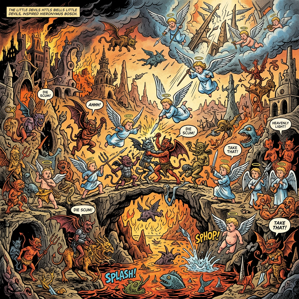 Comic scene with angels fighting devils; text reads: “THE LITTLE DEVILS HITLS BIELLS LITTLE DEVILS, INSPIRED HIERONYMUS BOSCH.” “DIE SCUM!” “AHHH!” “DIE SCUM!” “TAKE THAT!” “HEAVENLY LIGHT!” “DIE SCUM!” “TAKE THAT!” “SPHOP!” “SPLASH!”