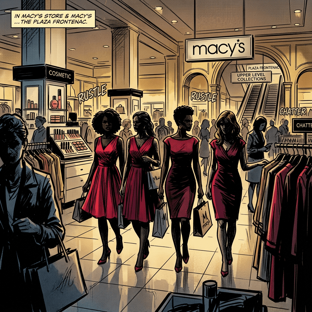 Macy’s Plaza Frontenac store scene with shoppers, cosmetics, clothing, and escalators