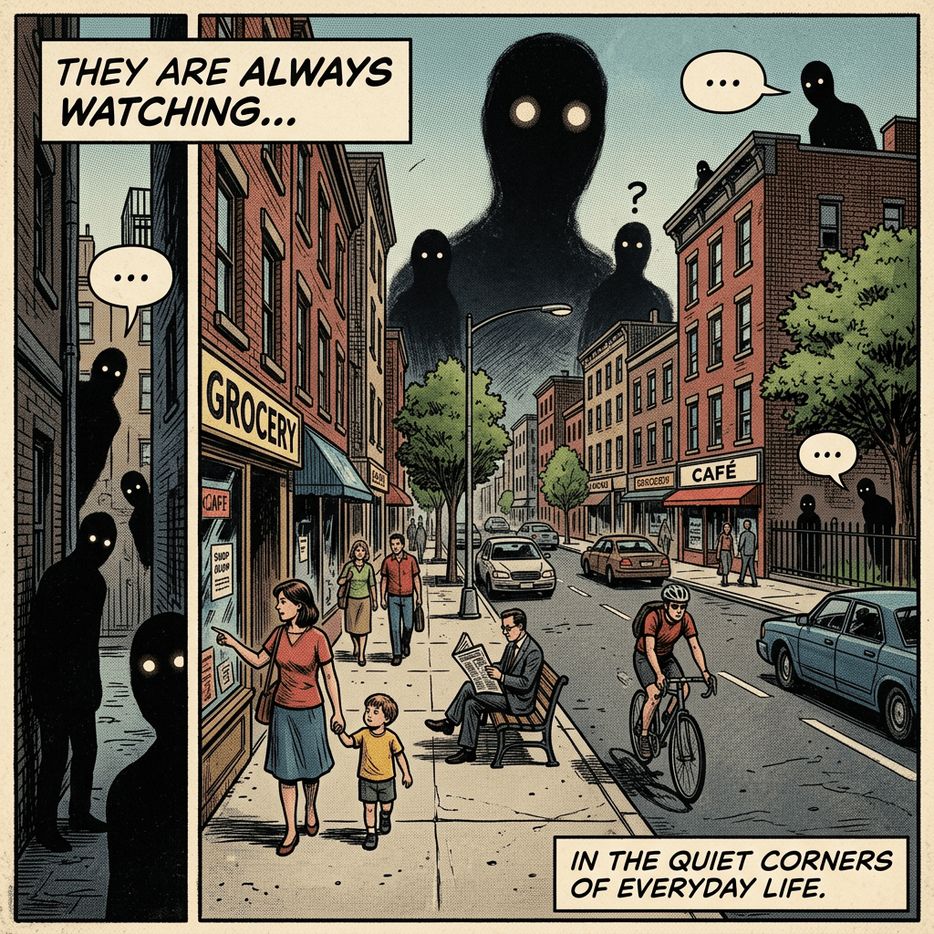 Comic street scene with shadow figures; text reads “THEY ARE ALWAYS WATCHING...” and “IN THE QUIET CORNERS OF EVERYDAY LIFE.”