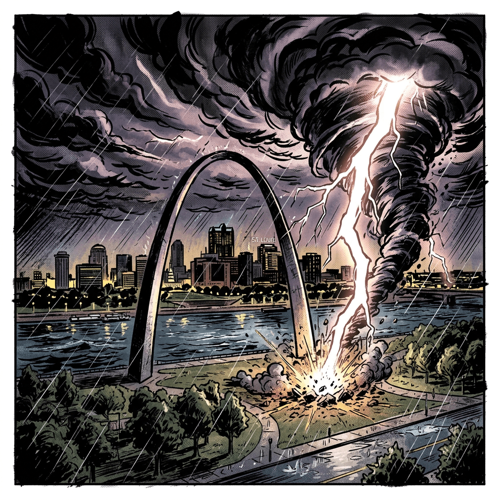 Lightning strikes beside St. Louis Gateway Arch during a storm